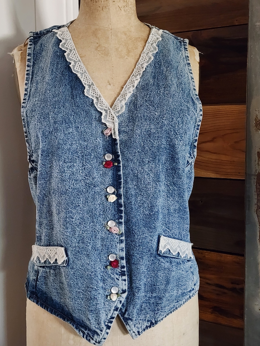 Vintage Cherokee Blue Denim Lace-Trim Button Front Vest